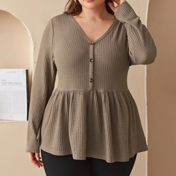 Single breasted waffle knit peplum top - Picture 1 of 5